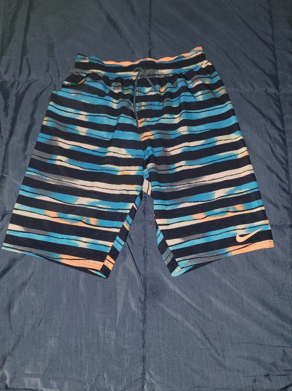 Mens Nike Striped Swim Shorts - Navy, Blue & Peach Sz S